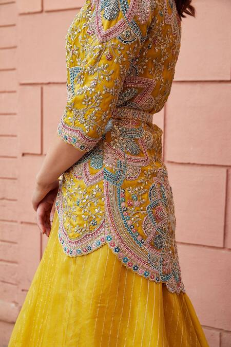 Buy Osaa By Adarsh Yellow Organza Sequin, Thread And Cutdana Round Embroidered Jacket Lehenga Set Online at Aza Fashions Buy_Osaa By Adarsh_Yellow Organza Sequin, Thread And Cutdana Round Embroidered Jacket Lehenga Set_Online_at_Aza_Fashions