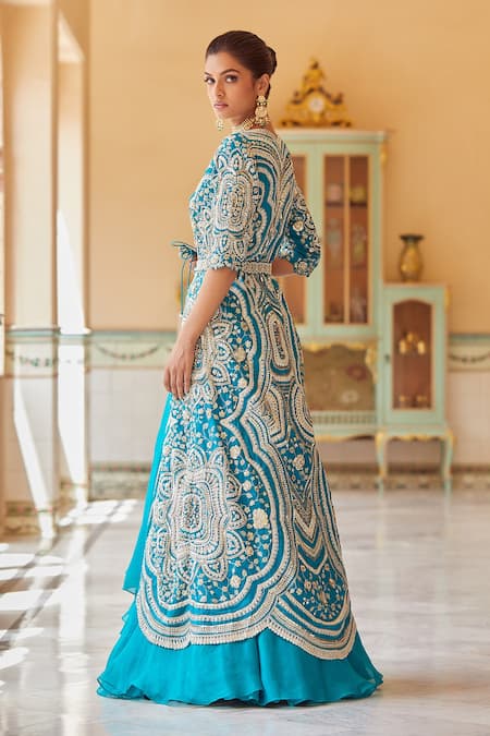 Osaa By Adarsh_Green Organza Sequin, Thread And Cutdana Round Embroidered Jacket Lehenga Set_Online_at_Aza_Fashions
