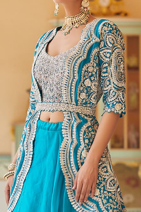 Buy_Osaa By Adarsh_Green Organza Sequin, Thread And Cutdana Round Embroidered Jacket Lehenga Set_Online_at_Aza_Fashions