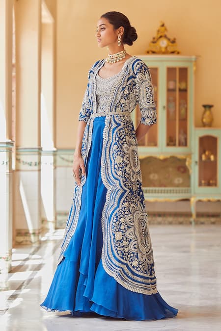Osaa By Adarsh_Blue Organza Sequin, Thread And Cutdana Round Embroidered Jacket Lehenga Set_Online_at_Aza_Fashions