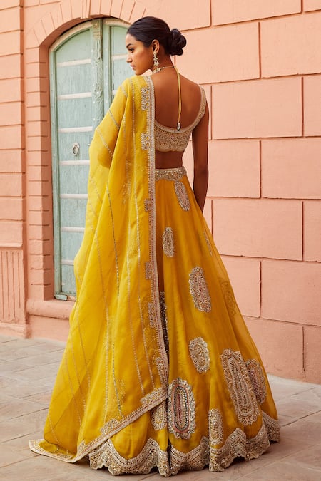 Shop_Osaa by Adarsh_Yellow Organza Embroidery Sequin Leaf Neck Lehenga Set  _at_Aza_Fashions