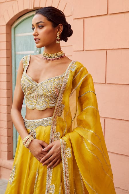 Osaa by Adarsh_Yellow Organza Embroidery Sequin Leaf Neck Lehenga Set  _Online_at_Aza_Fashions