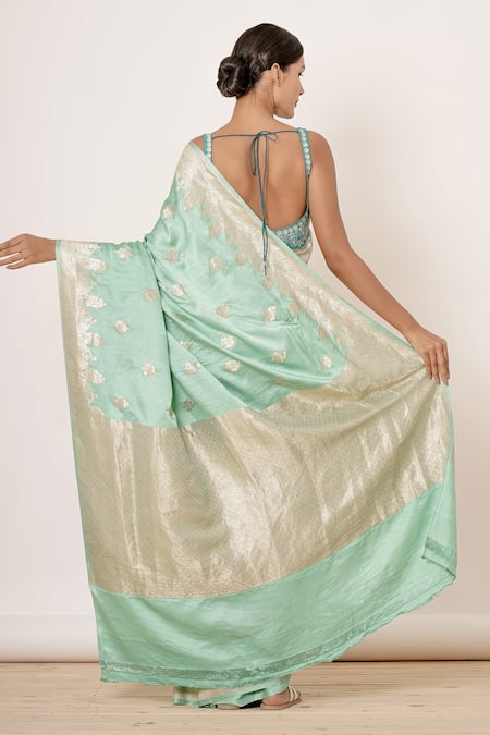 Shop Aharin India Blue Pure Satin Silk Lining Cotton And Shantoon Floral Motifs Saree With Blouse at Aza Fashions Shop_Aharin India_Blue Pure Satin Silk Lining Cotton And Shantoon Floral Motifs Saree With Blouse _at_Aza_Fashions