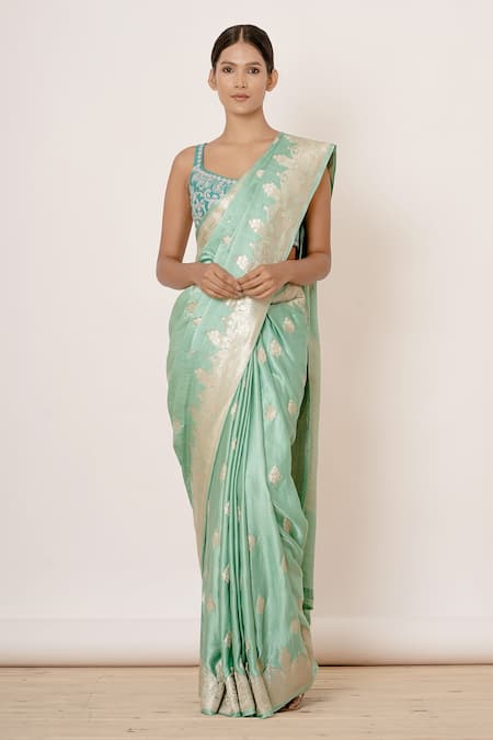 Aharin India Blue Pure Satin Silk Lining Cotton And Shantoon Floral Motifs Saree With Blouse Online at Aza Fashions Aharin India_Blue Pure Satin Silk Lining Cotton And Shantoon Floral Motifs Saree With Blouse _Online_at_Aza_Fashions