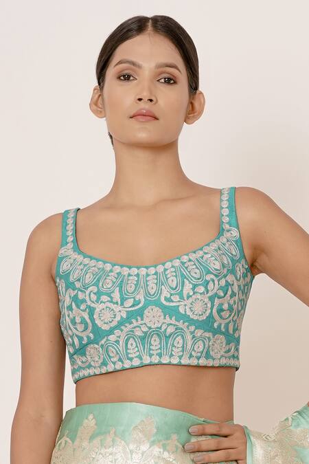 Buy Aharin India Blue Pure Satin Silk Lining Cotton And Shantoon Floral Motifs Saree With Blouse Online at Aza Fashions Buy_Aharin India_Blue Pure Satin Silk Lining Cotton And Shantoon Floral Motifs Saree With Blouse _Online_at_Aza_Fashions