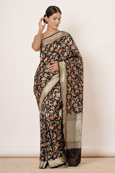 Aharin Black Pure Banarasi Silk Lining Cotton And Shantoon Woven Saree With Blouse