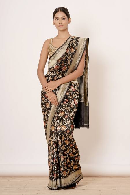 Aharin India_Black Pure Banarasi Silk Lining Cotton And Shantoon Floral Saree With Blouse_Online_at_Aza_Fashions