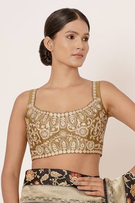 Buy_Aharin India_Black Pure Banarasi Silk Lining Cotton And Shantoon Floral Saree With Blouse_Online_at_Aza_Fashions