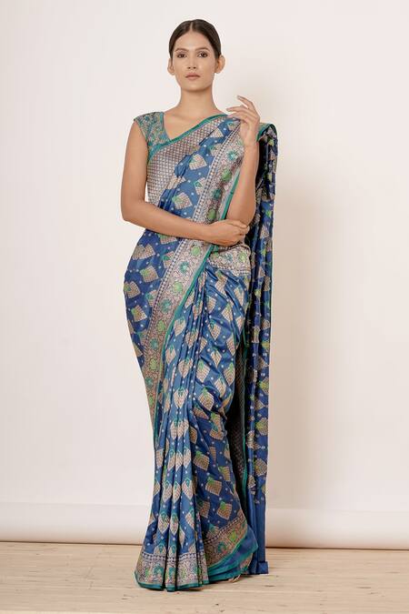 Aharin India Blue Pure Banarasi Silk Lining Cotton And Shantoon Geometric & Saree With Blouse Online at Aza Fashions Aharin India_Blue Pure Banarasi Silk Lining Cotton And Shantoon Geometric & Saree With Blouse _Online_at_Aza_Fashions