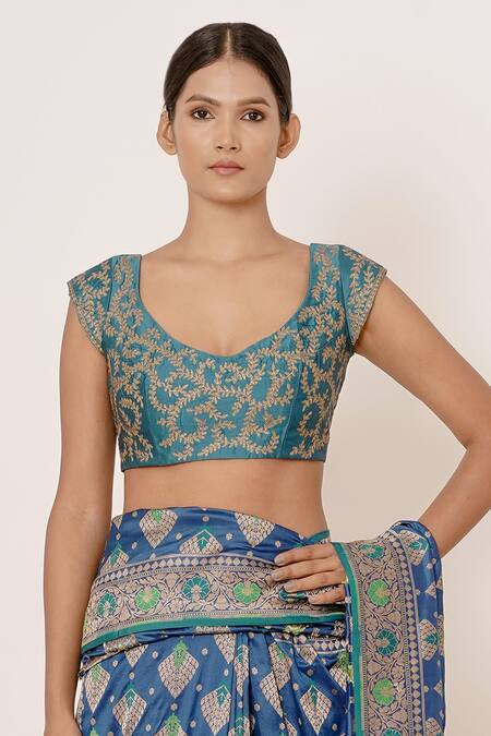 Buy Aharin India Blue Pure Banarasi Silk Lining Cotton And Shantoon Geometric & Saree With Blouse Online at Aza Fashions Buy_Aharin India_Blue Pure Banarasi Silk Lining Cotton And Shantoon Geometric & Saree With Blouse _Online_at_Aza_Fashions