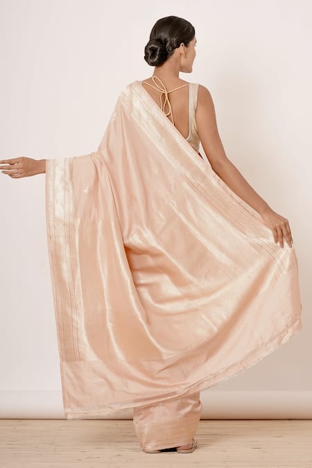 Shop_Aharin India_Peach Pure Satin Silk Banarasi Lining Cotton And Woven Saree With Blouse _at_Aza_Fashions