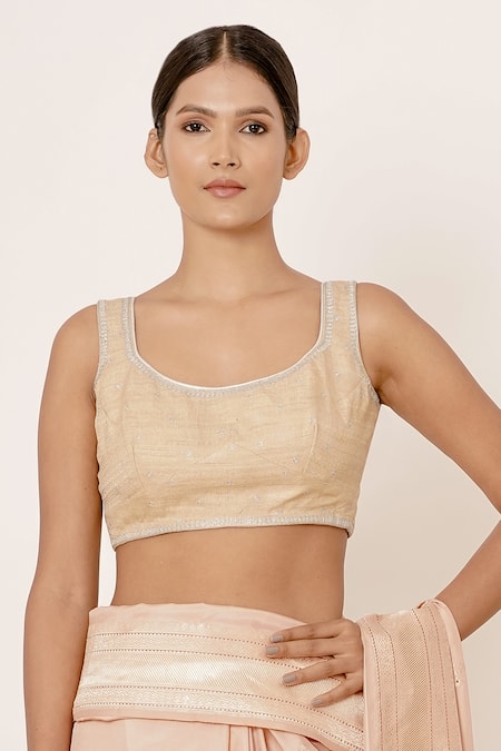 Buy_Aharin India_Peach Pure Satin Silk Banarasi Lining Cotton And Woven Saree With Blouse _Online_at_Aza_Fashions