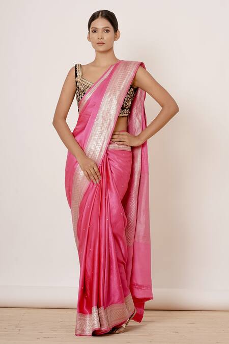 Aharin India_Pink Pure Satin Silk Banarasi Lining Cotton And Shantoon Saree With Blouse_Online_at_Aza_Fashions