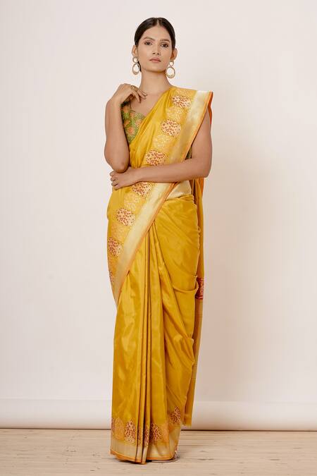 Aharin India Yellow Pure Banarasi Silk Lining Cotton And Shantoon Floral Saree With Blouse Online at Aza Fashions Aharin India_Yellow Pure Banarasi Silk Lining Cotton And Shantoon Floral Saree With Blouse _Online_at_Aza_Fashions