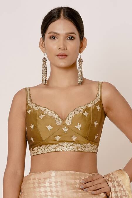 Buy_Aharin India_Gold Pure Banarasi Silk Lining Cotton And Shantoon Geometric & Saree With Blouse _Online_at_Aza_Fashions