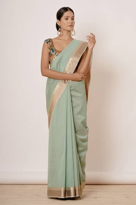 Aharin India_Blue Pure Handwoven Chanderi Lining Cotton And Shantoon Saree With Blouse_Online_at_Aza_Fashions