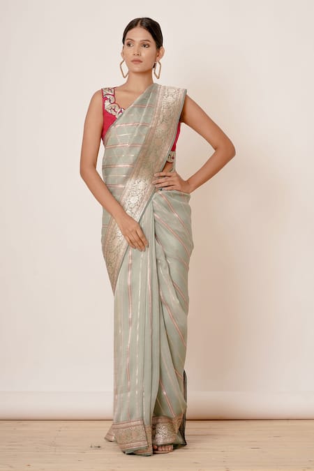 Aharin India_Blue Pure Banarasi Organza Silk Lining Cotton And Shantoon Saree With Blouse_Online_at_Aza_Fashions