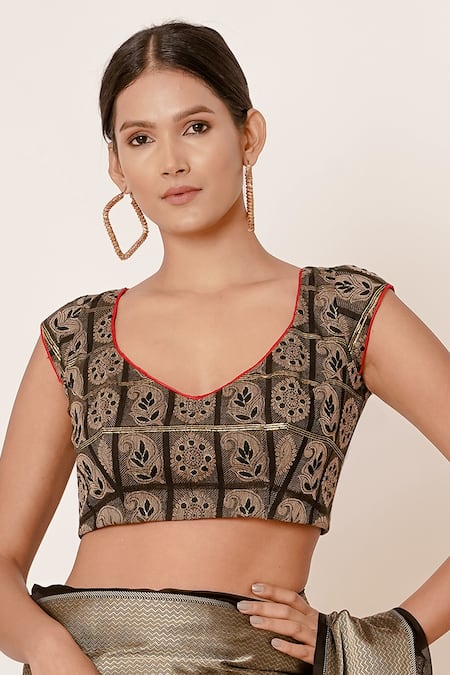 Buy_Aharin India_Black Pure Handwoven Chanderi Lining Cotton And Shantoon Saree With Blouse_Online_at_Aza_Fashions