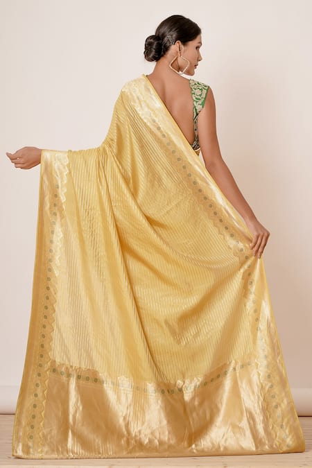 Shop Aharin India Yellow Pure Silk Banarasi Lining Cotton And Shantoon Stripes & Saree With Blouse at Aza Fashions Shop_Aharin India_Yellow Pure Silk Banarasi Lining Cotton And Shantoon Stripes & Saree With Blouse _at_Aza_Fashions