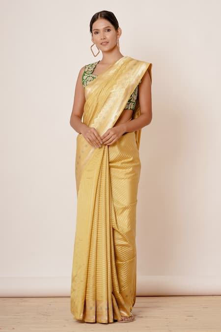 Aharin India Yellow Pure Silk Banarasi Lining Cotton And Shantoon Stripes & Saree With Blouse Online at Aza Fashions Aharin India_Yellow Pure Silk Banarasi Lining Cotton And Shantoon Stripes & Saree With Blouse _Online_at_Aza_Fashions