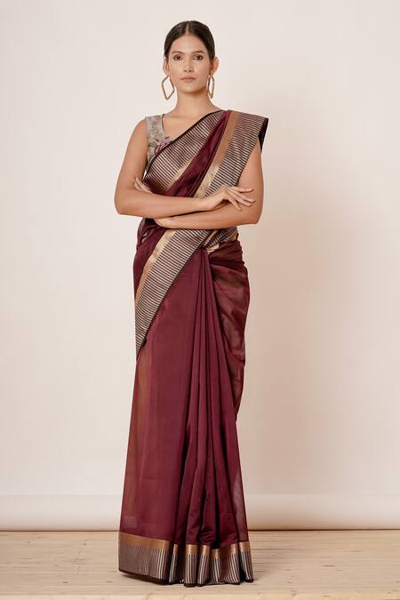 Aharin India_Maroon Pure Handwoven Chanderi Lining Cotton And Shantoon Saree With Blouse_Online_at_Aza_Fashions