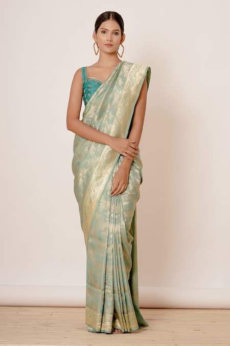 Aharin India_Blue Pure Silk Banarasi Lining Cotton And Shantoon Flamingo & Saree With Blouse _Online_at_Aza_Fashions