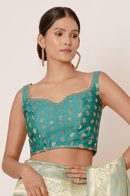 Buy_Aharin India_Blue Pure Silk Banarasi Lining Cotton And Shantoon Flamingo & Saree With Blouse _Online_at_Aza_Fashions