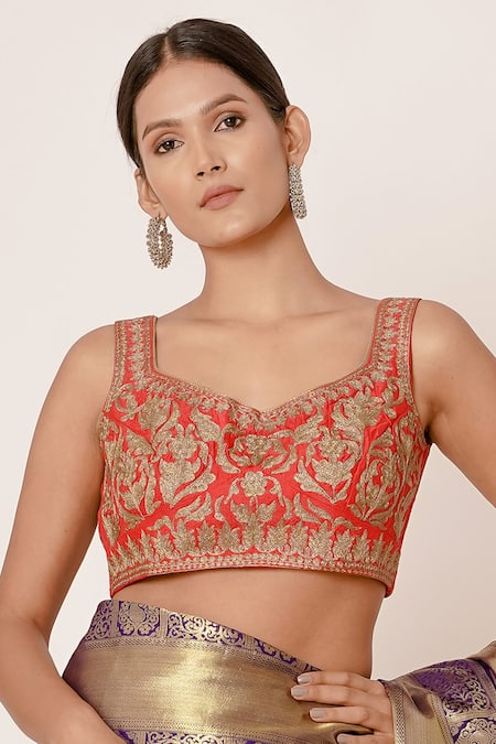 Buy_Aharin India_Red Pure Dharmavaram Silk Lining Cotton And Shantoon Floral Saree With Blouse _Online_at_Aza_Fashions