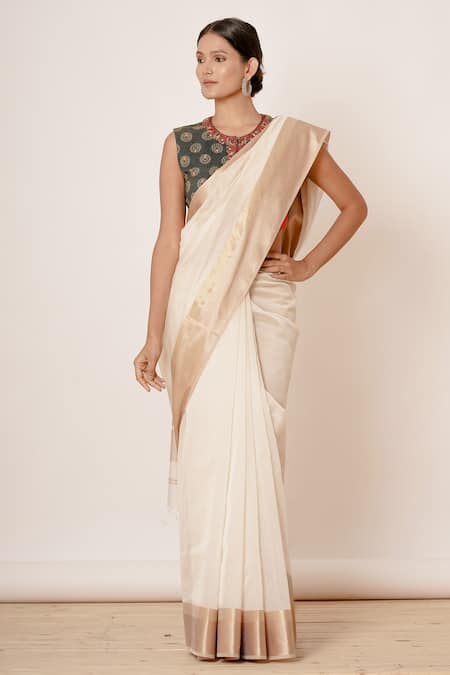 Aharin India Ivory Pure Handwoven Chanderi Lining Cotton And Shantoon Saree With Blouse Online at Aza Fashions Aharin India_Ivory Pure Handwoven Chanderi Lining Cotton And Shantoon Saree With Blouse _Online_at_Aza_Fashions