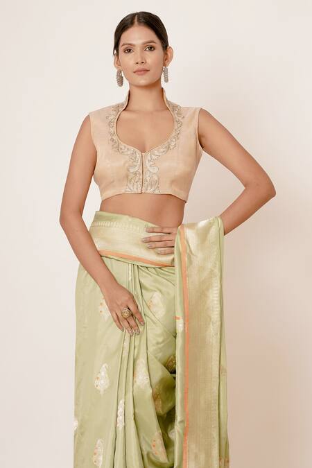 Aharin India_Green Pure Silk Banarasi Lining Cotton And Shantoon Paisley Saree With Blouse _Online_at_Aza_Fashions