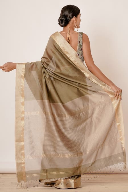 Shop Aharin India Green Pure Handwoven Chanderi Lining Cotton And Shantoon Saree With Blouse at Aza Fashions Shop_Aharin India_Green Pure Handwoven Chanderi Lining Cotton And Shantoon Saree With Blouse _at_Aza_Fashions
