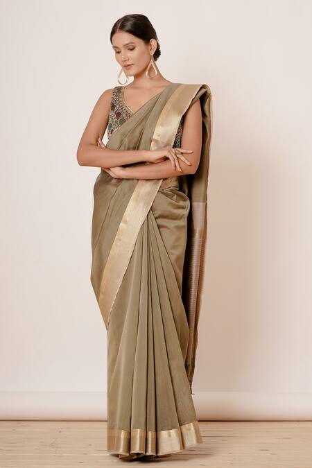 Aharin India Green Pure Handwoven Chanderi Lining Cotton And Shantoon Saree With Blouse Online at Aza Fashions Aharin India_Green Pure Handwoven Chanderi Lining Cotton And Shantoon Saree With Blouse _Online_at_Aza_Fashions