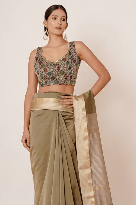 Buy Aharin India Green Pure Handwoven Chanderi Lining Cotton And Shantoon Saree With Blouse Online at Aza Fashions Buy_Aharin India_Green Pure Handwoven Chanderi Lining Cotton And Shantoon Saree With Blouse _Online_at_Aza_Fashions