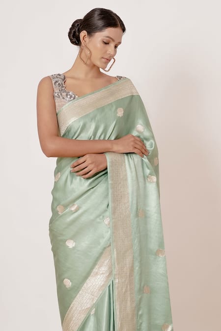 Aharin India_Blue Pure Silk Satin Banarasi  Lining Cotton And Woven Saree With Blouse _Online_at_Aza_Fashions