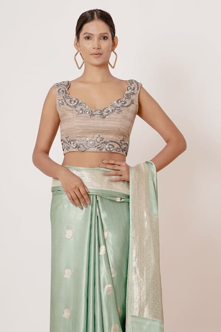 Buy_Aharin India_Blue Pure Silk Satin Banarasi  Lining Cotton And Woven Saree With Blouse _Online_at_Aza_Fashions