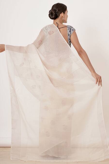Shop_Aharin India_Ivory Pure Jamdani Lining Cotton And Shantoon Thread Saree With Blouse _at_Aza_Fashions