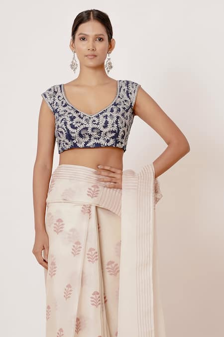 Buy_Aharin India_Ivory Pure Jamdani Lining Cotton And Shantoon Thread Saree With Blouse _Online_at_Aza_Fashions