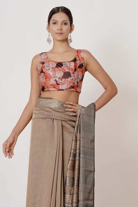 Shop_Aharin India_Grey Shantoon, Saree Handwoven Chanderi Lining Cotton Digital With Blouse _at_Aza_Fashions