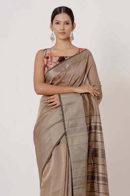 Aharin India_Grey Shantoon, Saree Handwoven Chanderi Lining Cotton Digital With Blouse _Online_at_Aza_Fashions