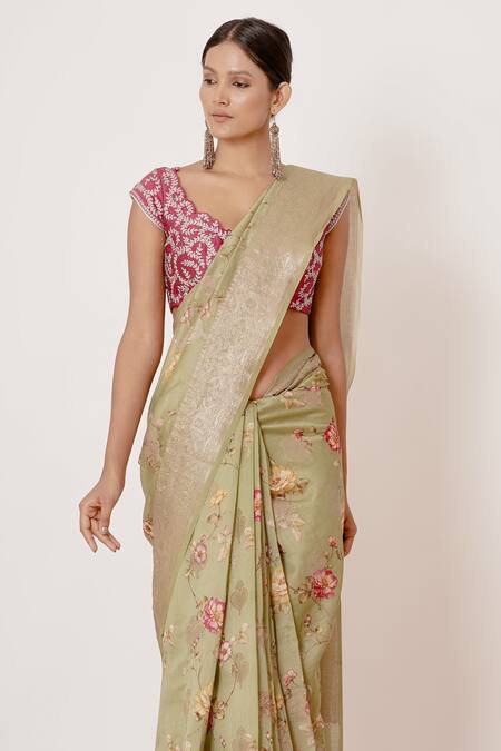 Aharin India Green Shantoon, Saree Pure Banarasi Silk Lining Cotton Digital With Blouse Online at Aza Fashions Aharin India_Green Shantoon, Saree Pure Banarasi Silk Lining Cotton Digital With Blouse _Online_at_Aza_Fashions