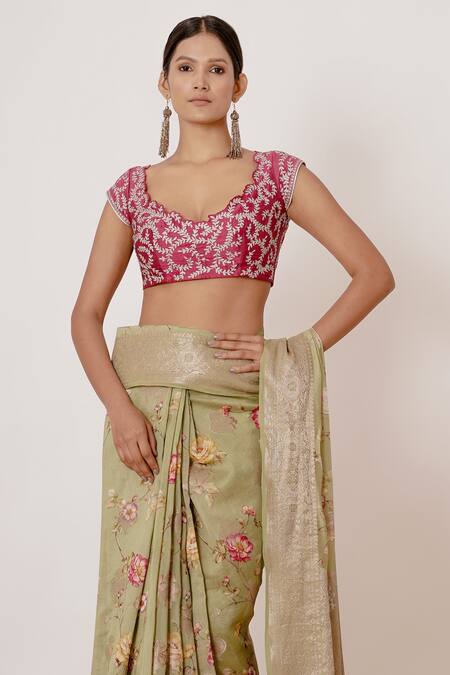 Buy Aharin India Green Shantoon, Saree Pure Banarasi Silk Lining Cotton Digital With Blouse Online at Aza Fashions Buy_Aharin India_Green Shantoon, Saree Pure Banarasi Silk Lining Cotton Digital With Blouse _Online_at_Aza_Fashions
