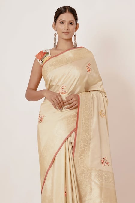 Aharin India_Gold Shantoon, Saree Pure Banarasi Silk Lining Cotton Digital With Blouse _Online_at_Aza_Fashions