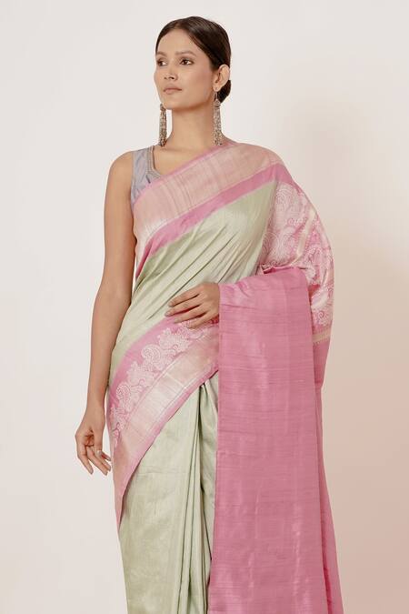 Aharin India_Green Shantoon, Sareedupion Banarasi Silk Lining Woven Saree With Blouse _Online_at_Aza_Fashions
