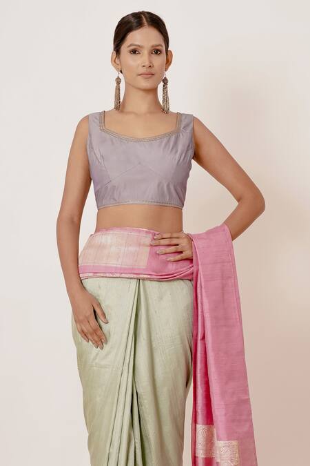 Buy_Aharin India_Green Shantoon, Sareedupion Banarasi Silk Lining Woven Saree With Blouse _Online_at_Aza_Fashions