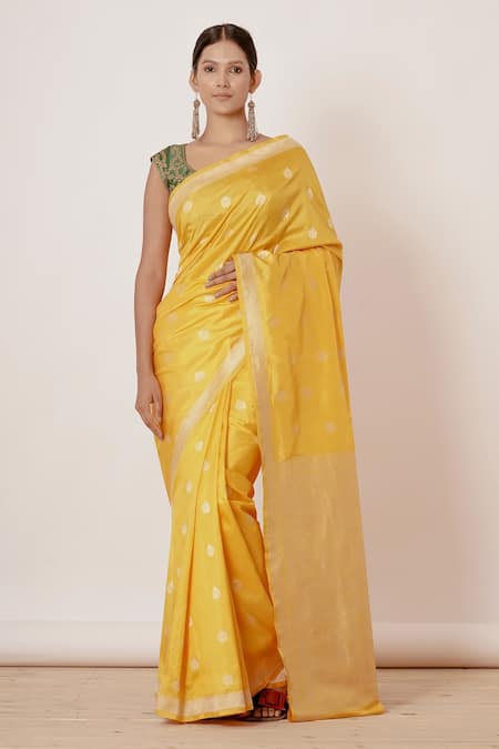 Vishal Prints Dark Yellow Silk Weaving Saree With Zari Border And Tass