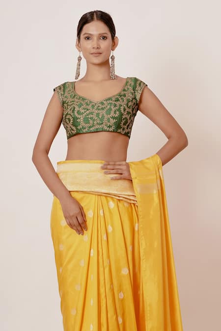 Buy_Aharin India_Yellow Shantoon, Saree Pure Banarasi Silk Lining Cotton Floral, With Blouse _Online_at_Aza_Fashions