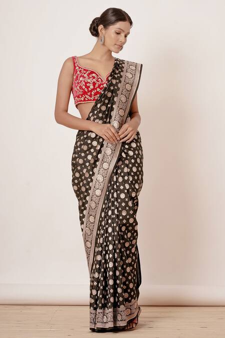 Aharin India_Black Shantoon, Saree Pure Banarasi Silk Lining Cotton Floral With Blouse _Online_at_Aza_Fashions