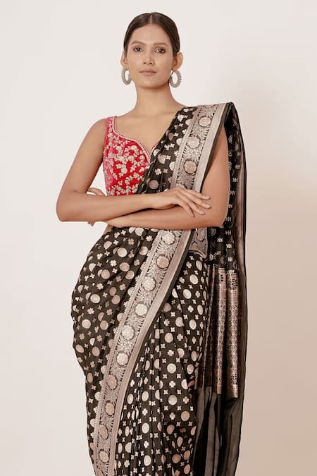 Buy_Aharin India_Black Shantoon, Saree Pure Banarasi Silk Lining Cotton Floral With Blouse _Online_at_Aza_Fashions