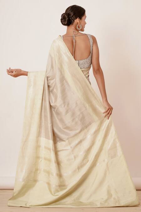 Shop Aharin India Ivory Shantoon, Sareedupion Banarasi Silk Woven Saree With Embroidered Blouse at Aza Fashions Shop_Aharin India_Ivory Shantoon, Sareedupion Banarasi Silk Woven Saree With Embroidered Blouse_at_Aza_Fashions