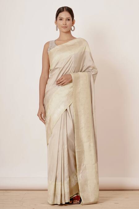 Aharin India Ivory Shantoon, Sareedupion Banarasi Silk Woven Saree With Embroidered Blouse Online at Aza Fashions Aharin India_Ivory Shantoon, Sareedupion Banarasi Silk Woven Saree With Embroidered Blouse_Online_at_Aza_Fashions